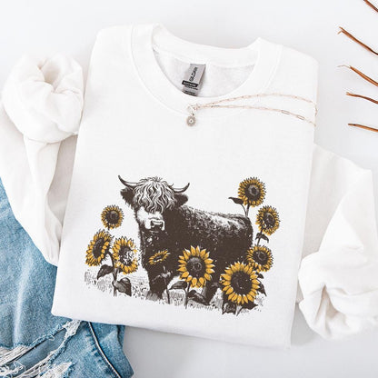 Highland Cow PNG Sunflowers Clipart, Farm Animal Sublimation Design - 300