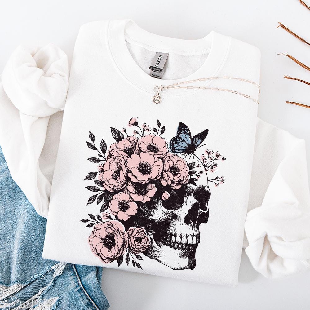 Floral Skull Clipart PNG, Skull Sublimation Art - 300 DPI Design for