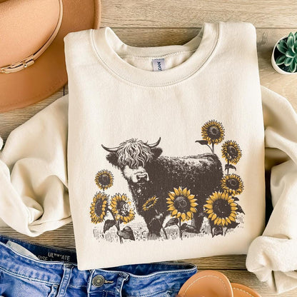 Highland Cow PNG Sunflowers Clipart, Farm Animal Sublimation Design - 300
