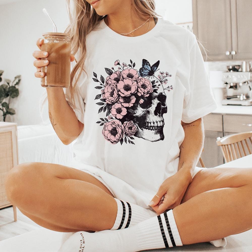 Floral Skull Clipart PNG, Skull Sublimation Art - 300 DPI Design for