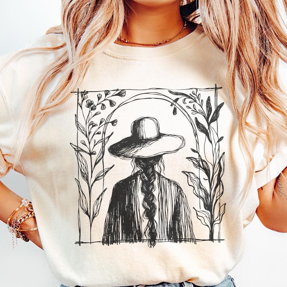 Rustic Boho Illustration PNG, Minimalist Cowgirl with Hat and Braids -