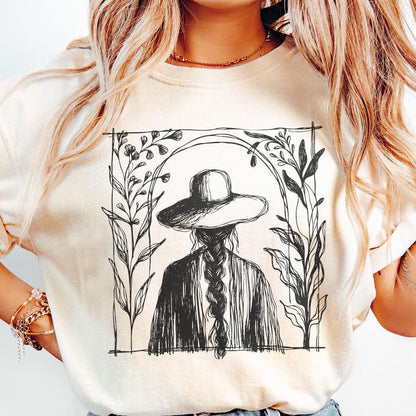 Rustic Boho Illustration PNG, Minimalist Cowgirl with Hat and Braids -