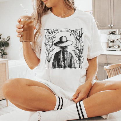 Rustic Boho Illustration PNG, Minimalist Cowgirl with Hat and Braids -