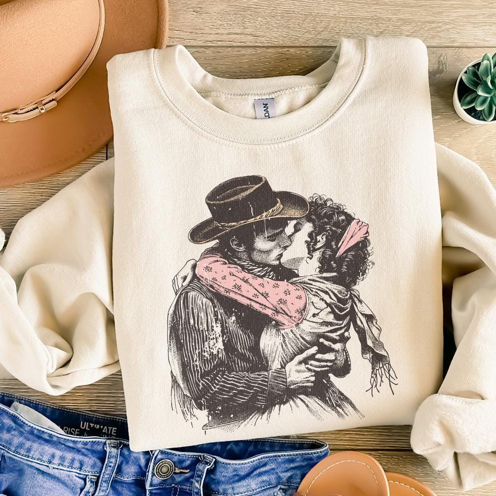 Retro Cowboy Cowgirl Kiss PNG, Vintage Illustration - 300 DPI Design for