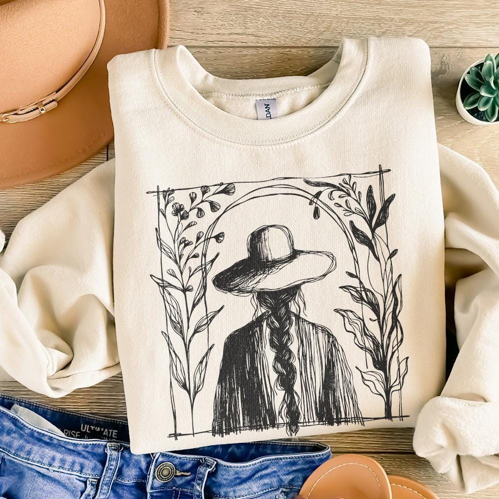 Rustic Boho Illustration PNG, Minimalist Cowgirl with Hat and Braids -
