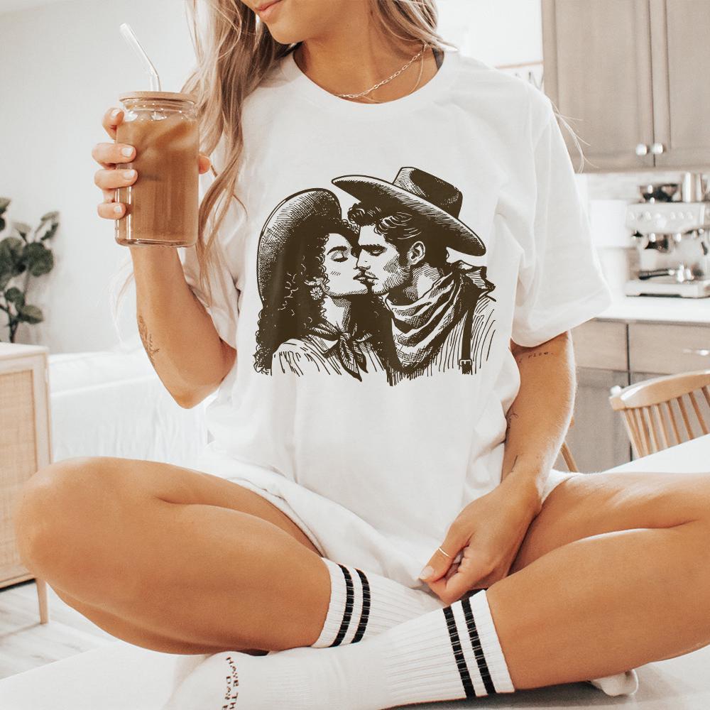 Western Cowboy Cowgirl Kiss PNG, Vintage Illustration - 300 DPI Design