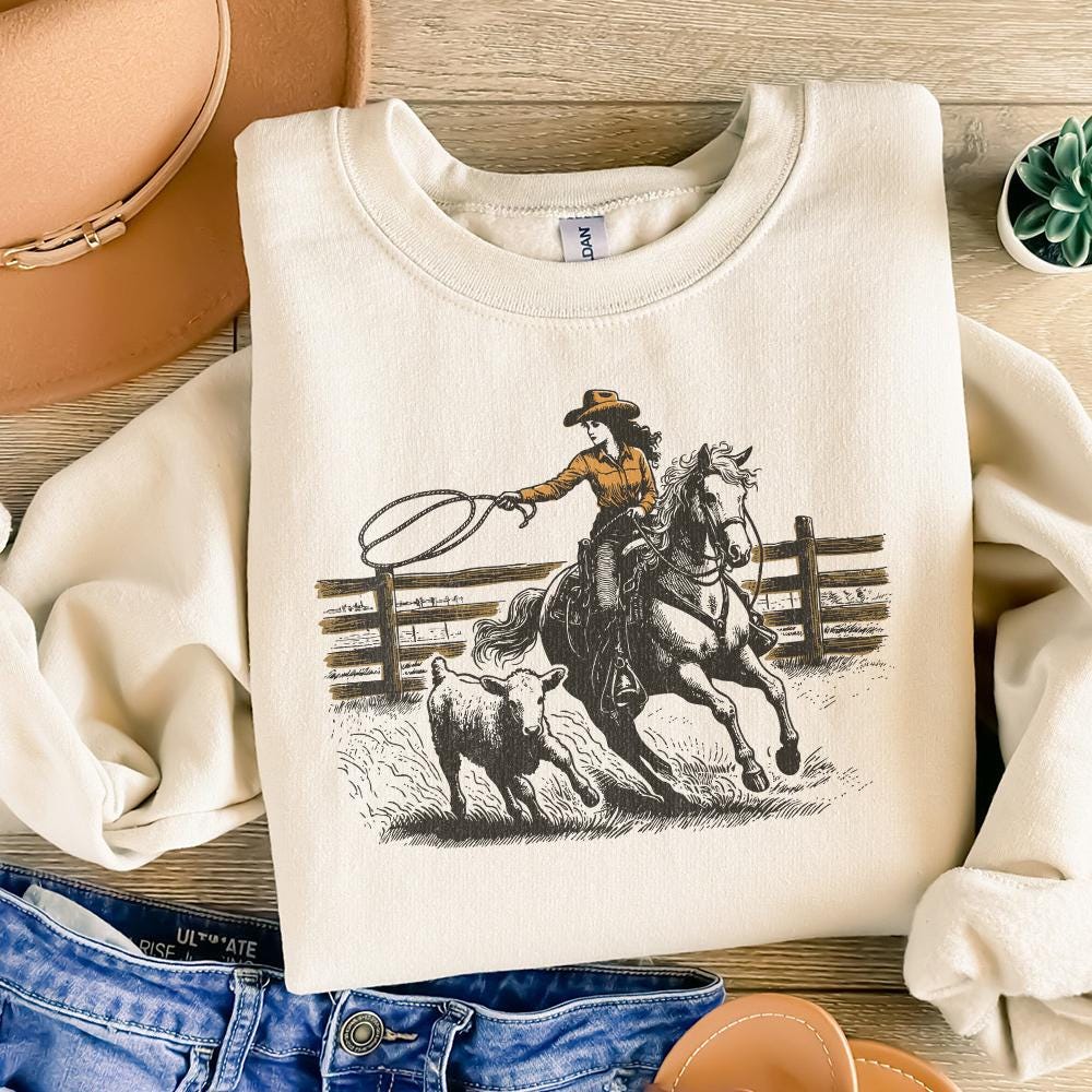 Retro Cowgirl Lasso PNG, Western Rodeo Art - 300 DPI Design for T-Shirt