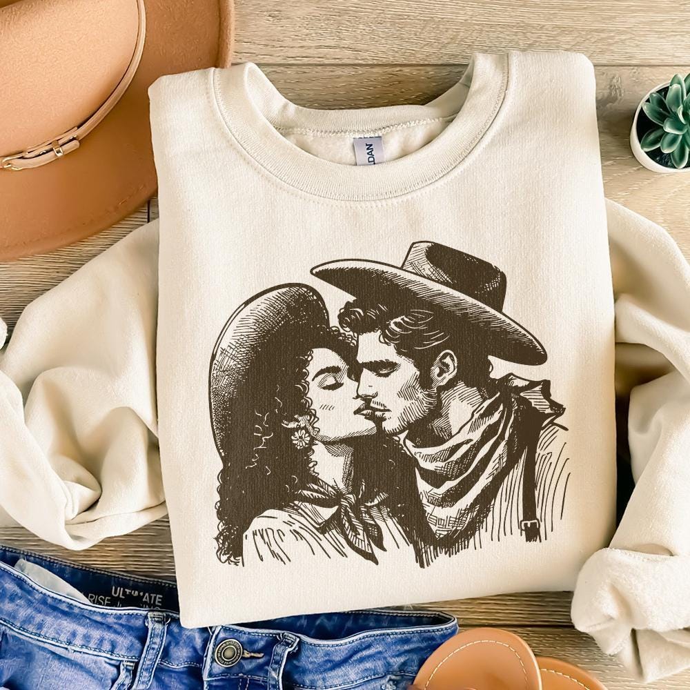Western Cowboy Cowgirl Kiss PNG, Vintage Illustration - 300 DPI Design