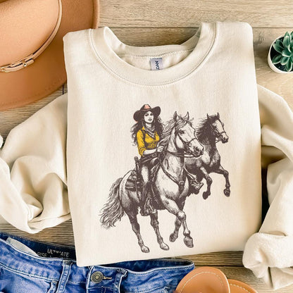 Vintage Cowgirl Horse Western PNG, Retro Wild Horses Sublimation - 300