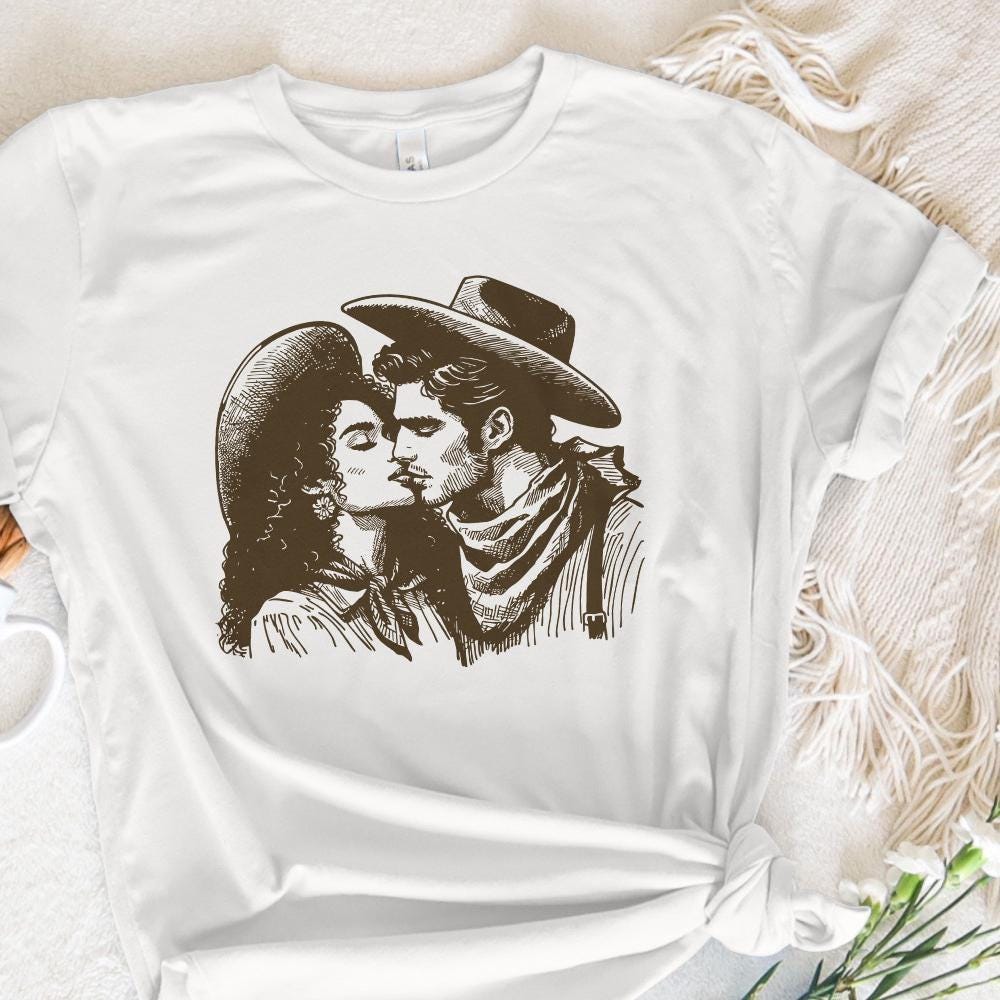 Western Cowboy Cowgirl Kiss PNG, Vintage Illustration - 300 DPI Design