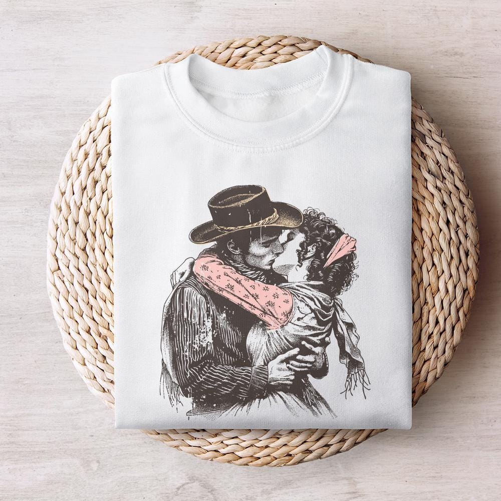 Retro Cowboy Cowgirl Kiss PNG, Vintage Illustration - 300 DPI Design for