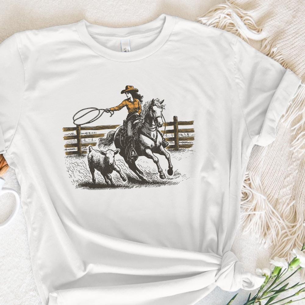 Retro Cowgirl Lasso PNG, Western Rodeo Art - 300 DPI Design for T-Shirt