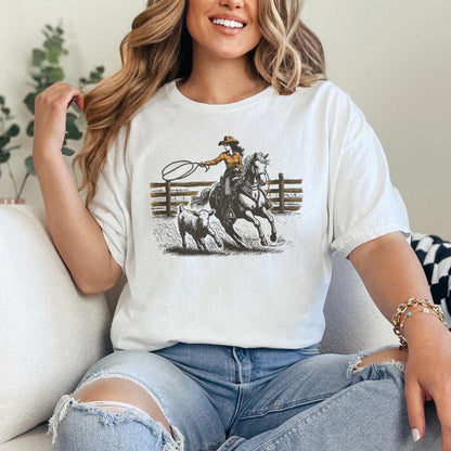 Retro Cowgirl Lasso PNG, Western Rodeo Art - 300 DPI Design for T-Shirt