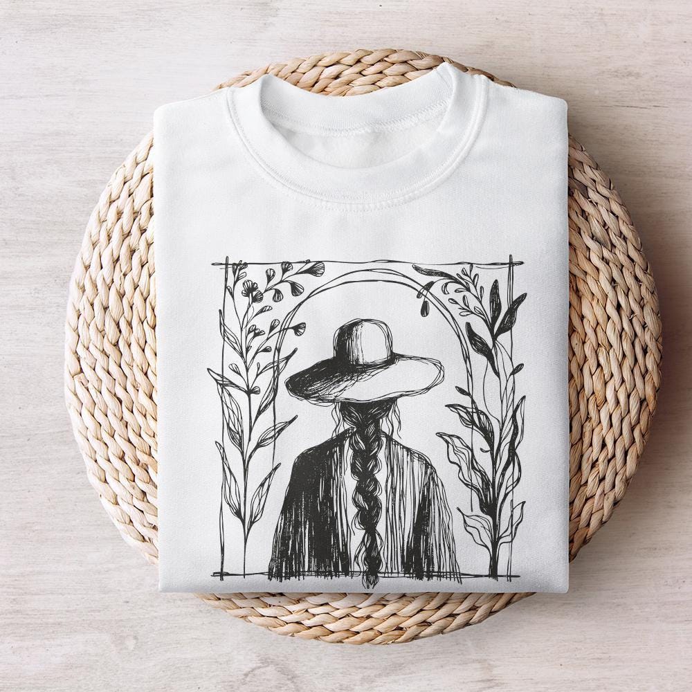Rustic Boho Illustration PNG, Minimalist Cowgirl with Hat and Braids -