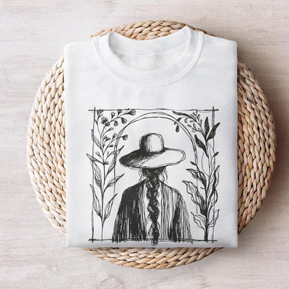 Rustic Boho Illustration PNG, Minimalist Cowgirl with Hat and Braids -
