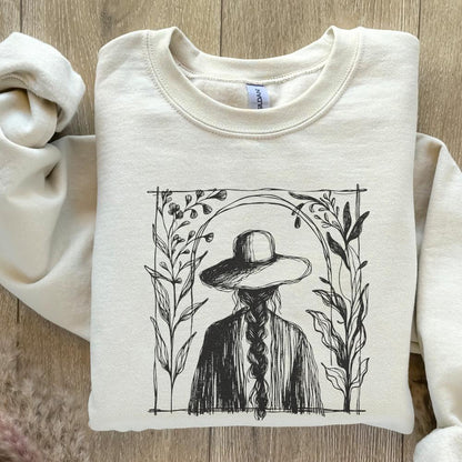 Rustic Boho Illustration PNG, Minimalist Cowgirl with Hat and Braids -