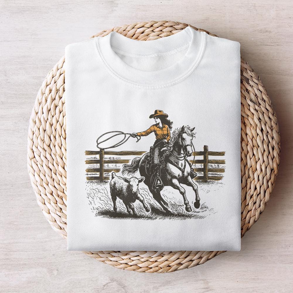 Retro Cowgirl Lasso PNG, Western Rodeo Art - 300 DPI Design for T-Shirt