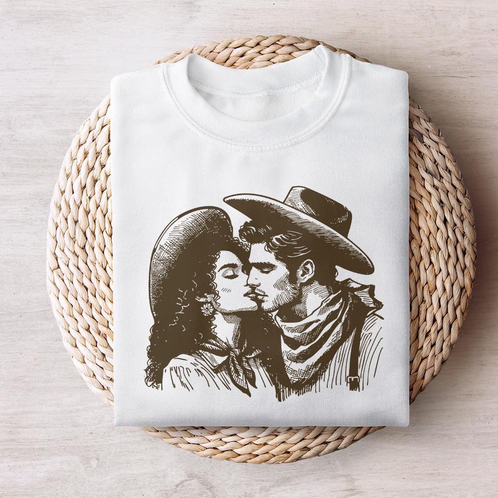 Western Cowboy Cowgirl Kiss PNG, Vintage Illustration - 300 DPI Design