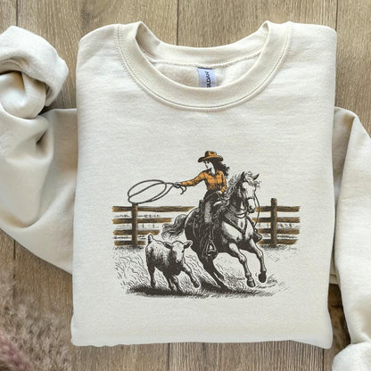 Retro Cowgirl Lasso PNG, Western Rodeo Art - 300 DPI Design for T-Shirt