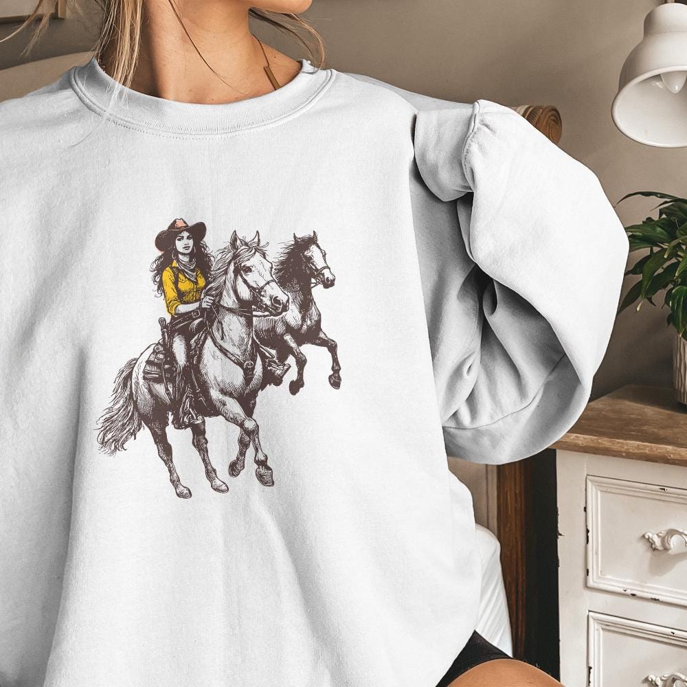 Vintage Cowgirl Horse Western PNG, Retro Wild Horses Sublimation - 300