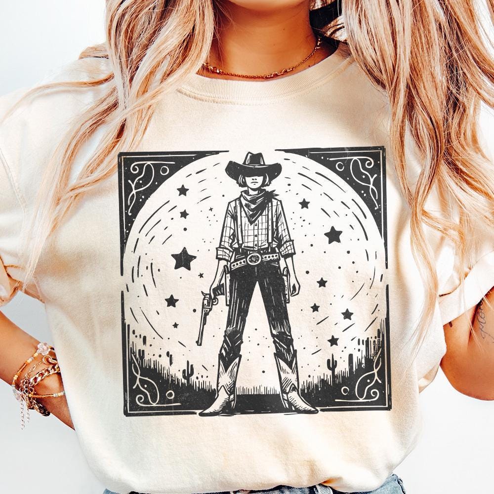 Retro Cosmic Cowgirl PNG for Print, Western Starry Night png - 300 DPI