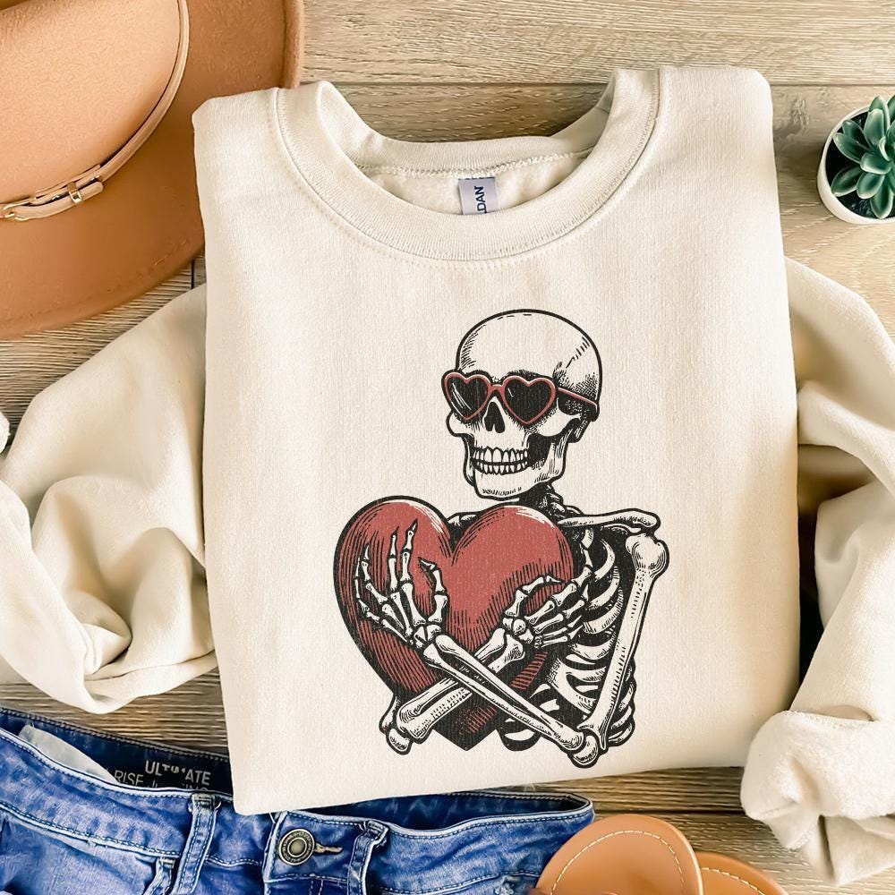 Skeleton Hugging a Heart PNG, Funny Valentines Day PNG - 300 DPI Design