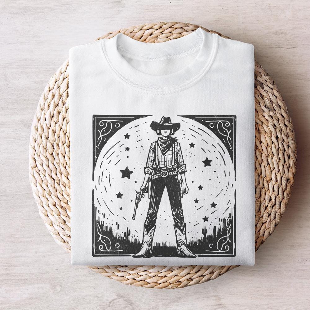 Retro Cosmic Cowgirl PNG for Print, Western Starry Night png - 300 DPI