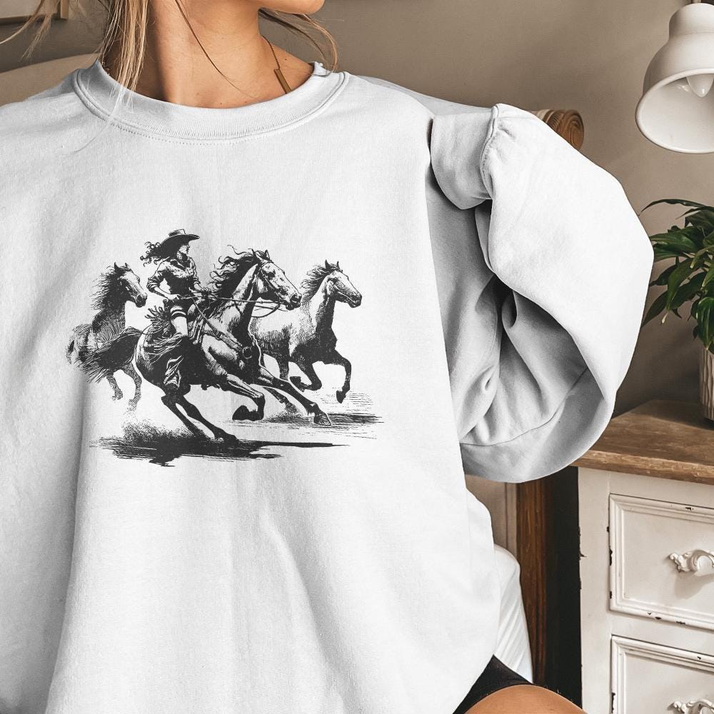 Cowgirl Horse Western PNG, Retro Wild Horses Sublimation - 300 DPI Design