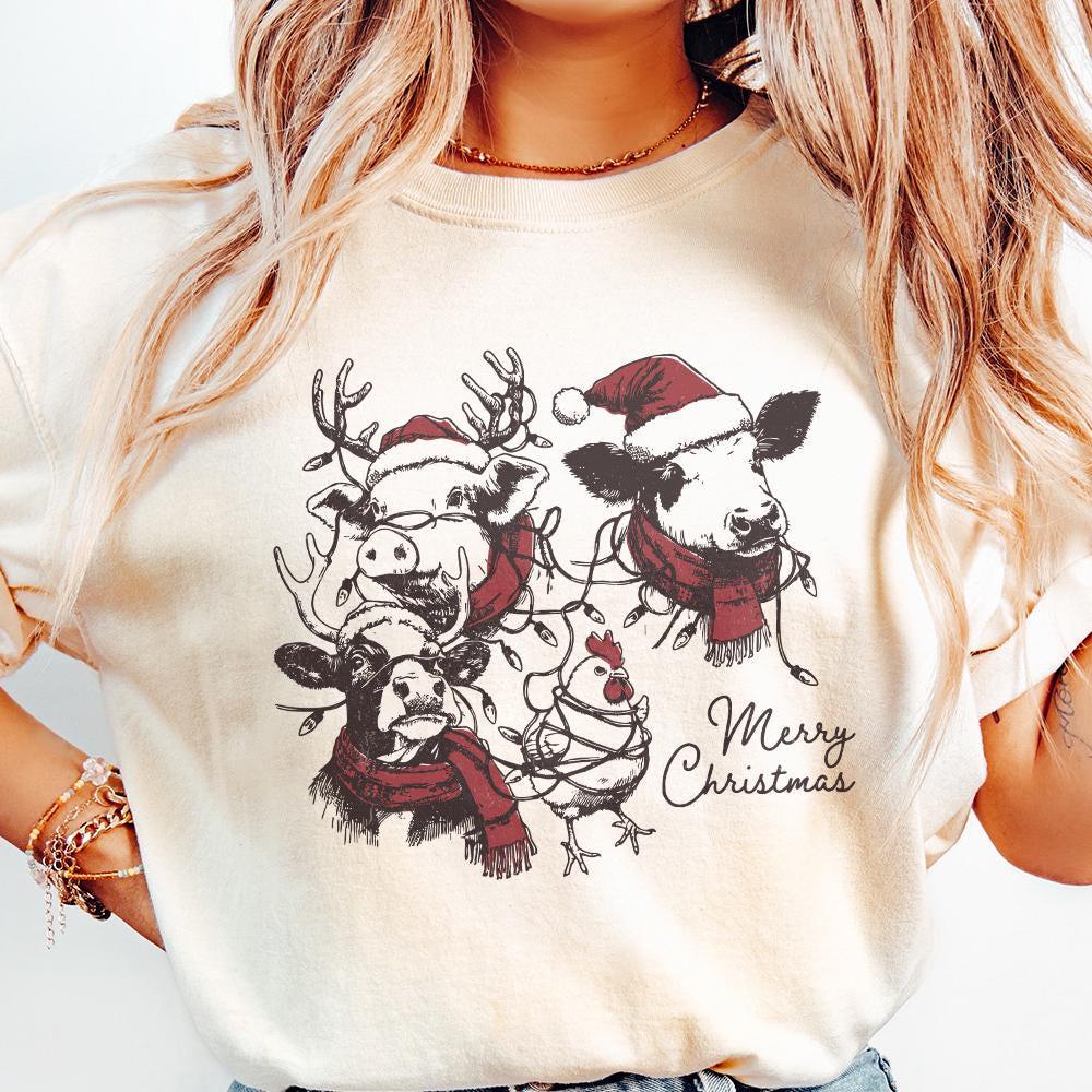 Cute Christmas Farm Animals PNG, Retro Farm Xmas Clipart - 300 DPI Design