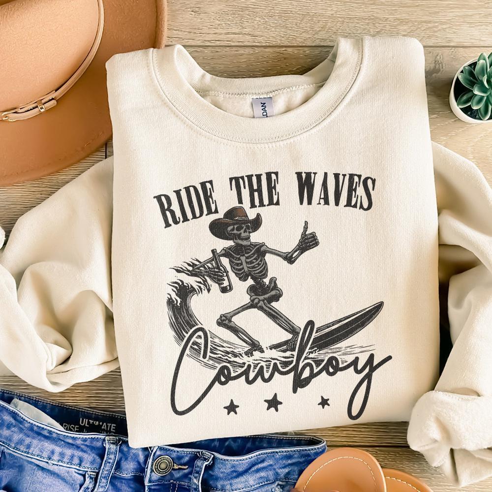 Surfing Cowboy Skeleton png, Trendy Western PNG Designs - 300 DPI Design