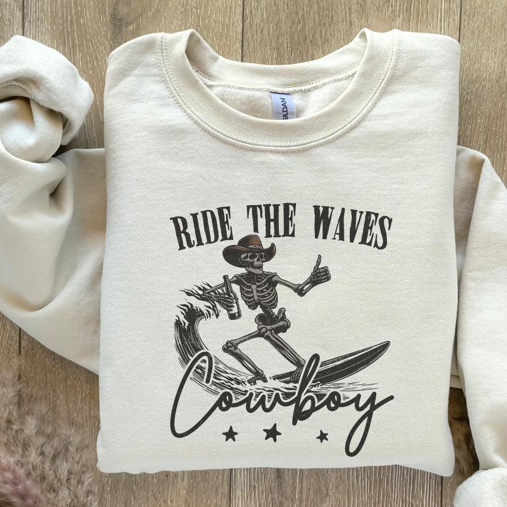 Surfing Cowboy Skeleton png, Trendy Western PNG Designs - 300 DPI Design