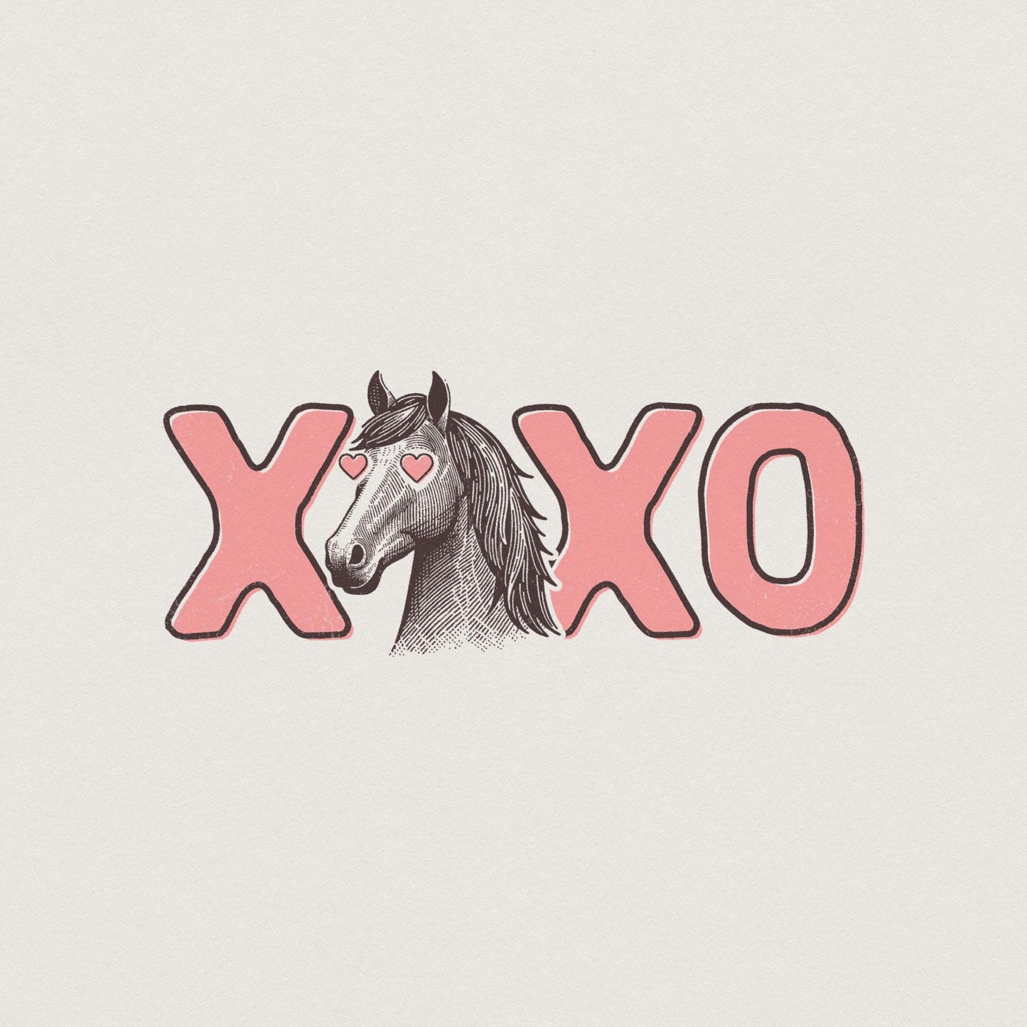 Vintage woodcut style horse illustration with pink heart eyes and XOXO text for Valentine sublimation projects.