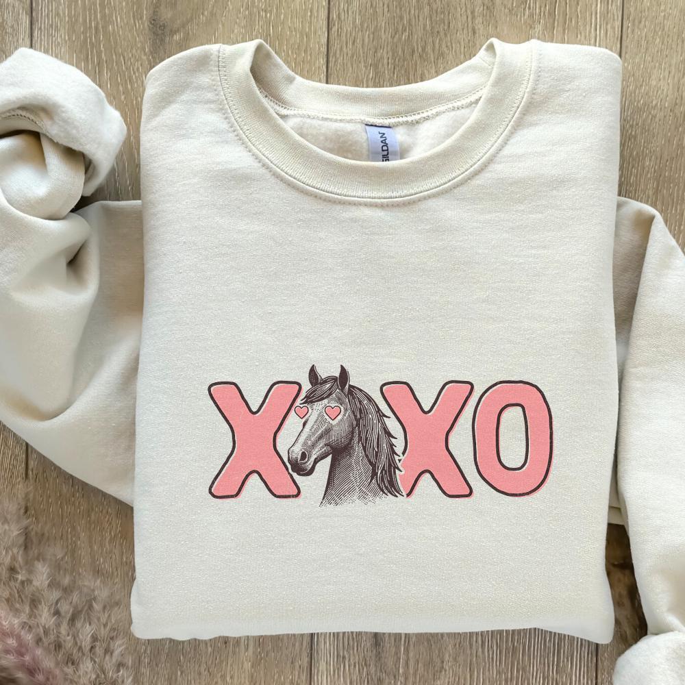 Vintage style horse head with heart eyes and pink XOXO text for unique Valentine's Day printable designs.