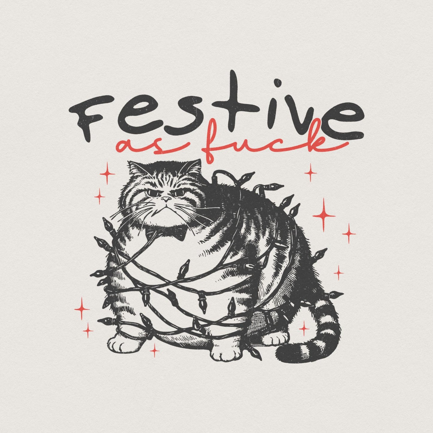 Festive as Fuck Christmas Cat PNG, Vintage Christmas Cat with Lights -