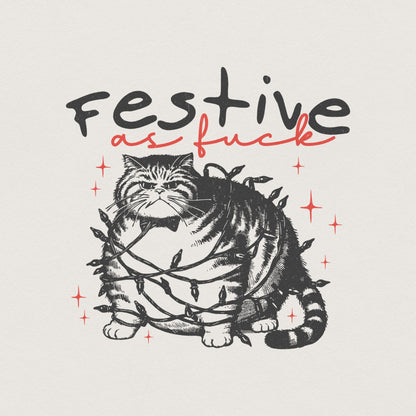 Festive as Fuck Christmas Cat PNG, Vintage Christmas Cat with Lights -