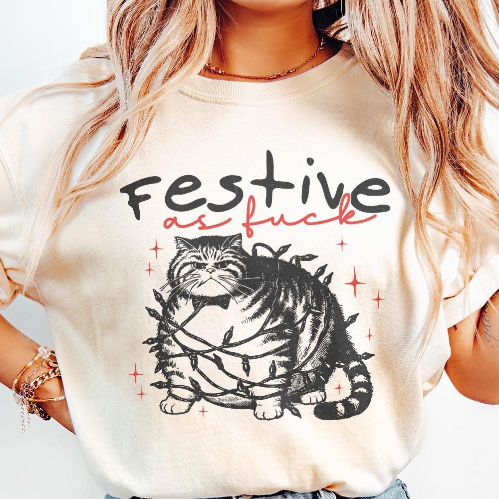Festive as Fuck Christmas Cat PNG, Vintage Christmas Cat with Lights -