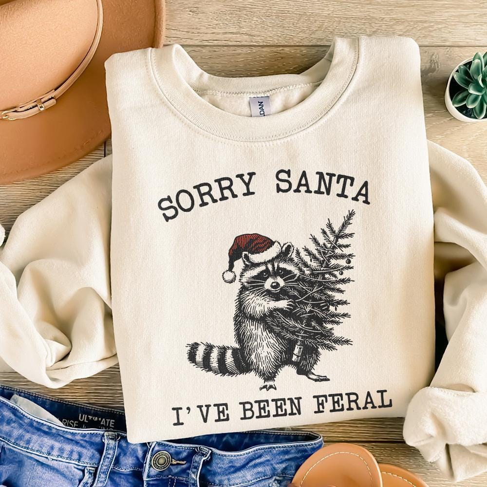 Sorry Santa I've Been Feral PNG, Retro Christmas Raccoon Design - 300 DPI