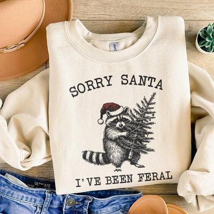Sorry Santa I've Been Feral PNG, Retro Christmas Raccoon Design - 300 DPI