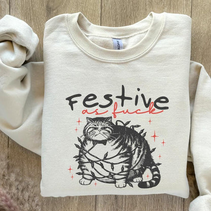 Festive as Fuck Christmas Cat PNG, Vintage Christmas Cat with Lights -