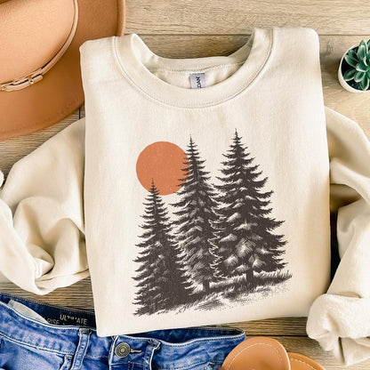 Sunrise Pine Trees PNG, Mountain Range Sun PNG - 300 DPI Design for T-Shirt