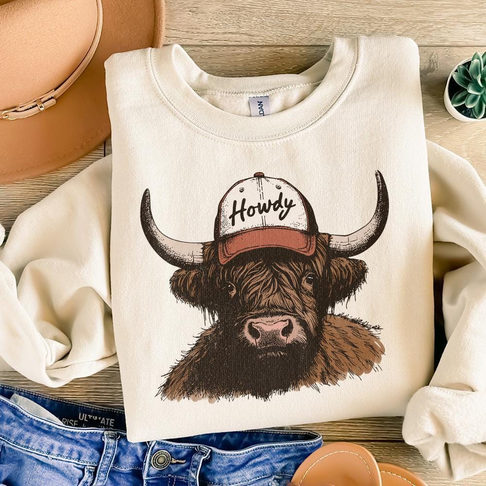 Howdy Western PNG, Highland Cow Design - 300 DPI Design for T-Shirt