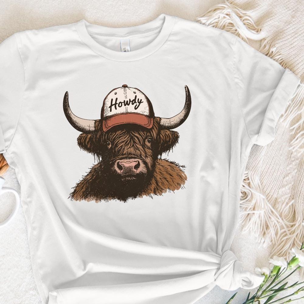 Howdy Western PNG, Highland Cow Design - 300 DPI Design for T-Shirt