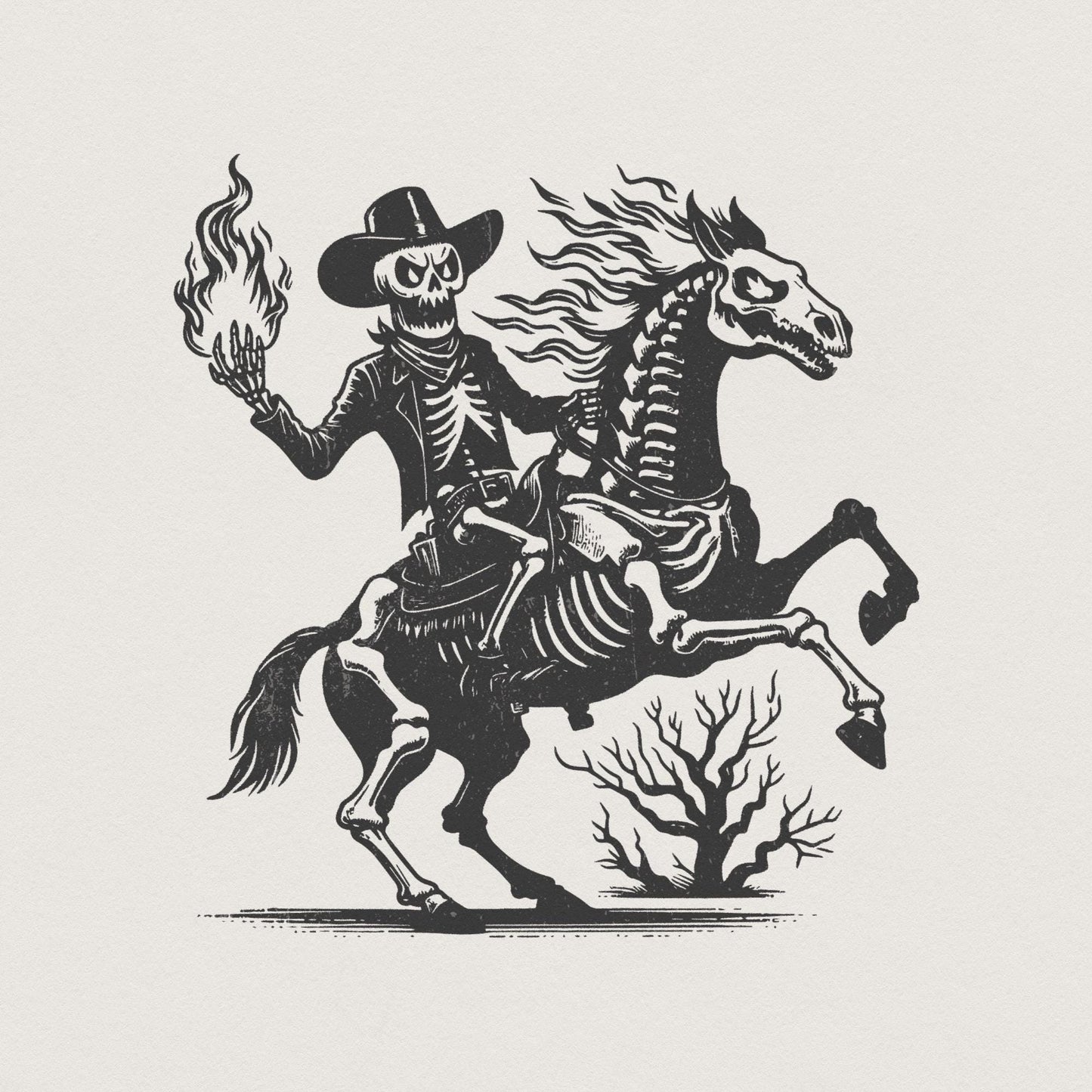 Skeleton Cowboy on Horse PNG, Western Gothic Art - 300 DPI Design for