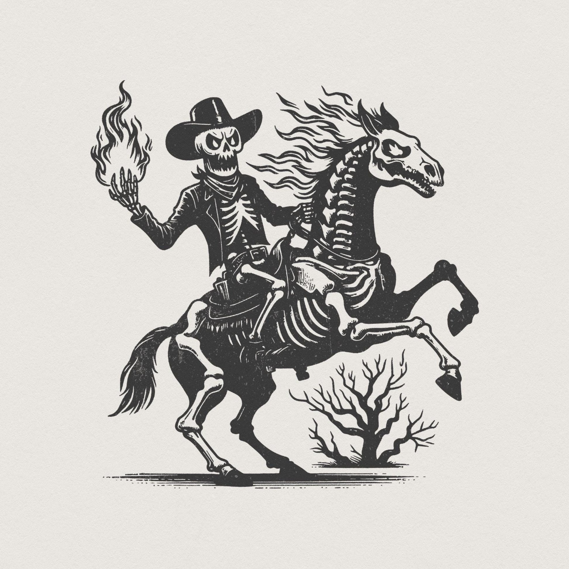 Skeleton Cowboy on Horse PNG, Western Gothic Art - 300 DPI Design for