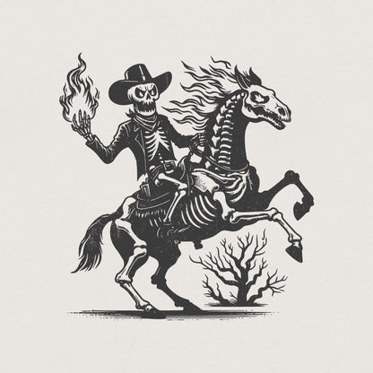 Skeleton Cowboy on Horse PNG, Western Gothic Art - 300 DPI Design for