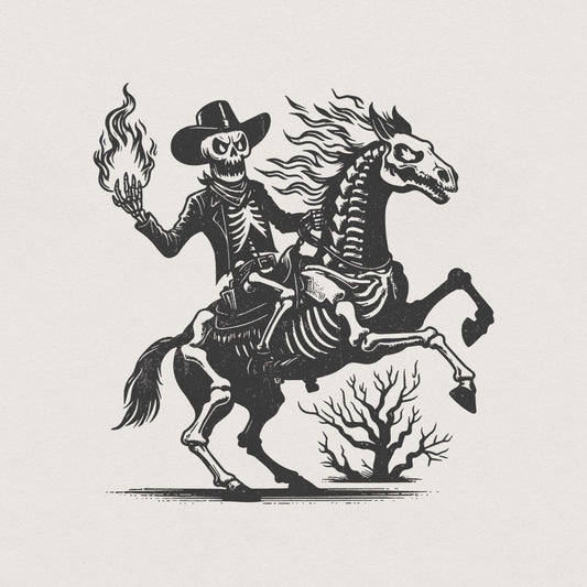 Skeleton Cowboy on Horse PNG, Western Gothic Art - 300 DPI Design for