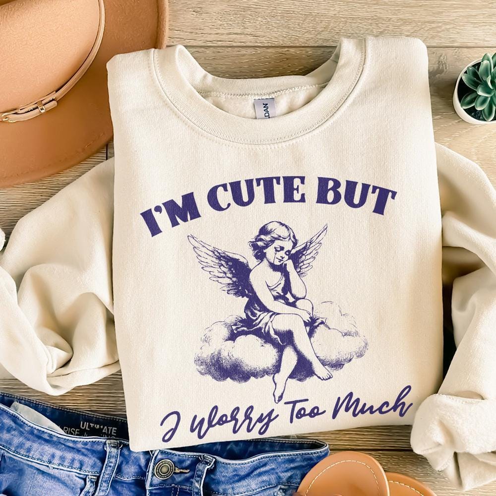 I'm Cute But I Worry Too Much PNG, Trendy Vintage Angel - 300 DPI Design