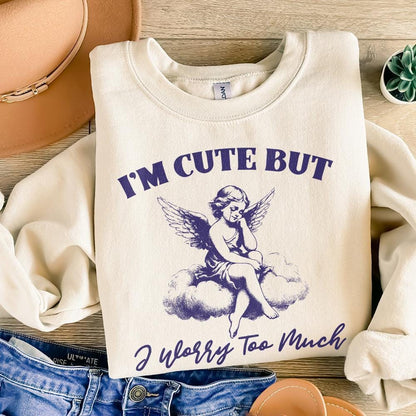 I'm Cute But I Worry Too Much PNG, Trendy Vintage Angel - 300 DPI Design