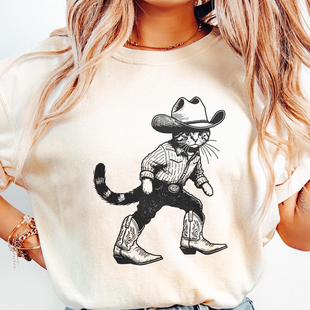 Vintage Cowboy Cat Png, Retro Western Cowboy Png - 300 DPI Design for