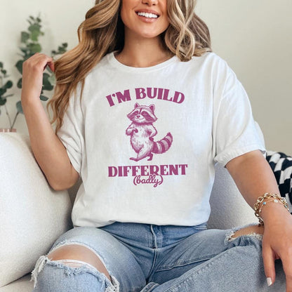 I'm Built Different PNG, Motivational and Sarcastic Raccoon Humor Quote -